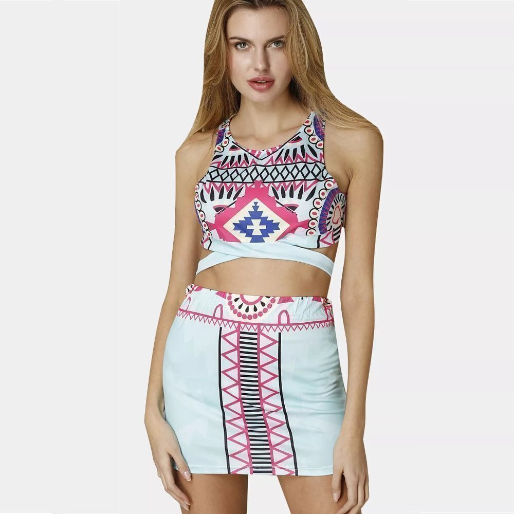 Aztec Print Two‎ Piece Coord Set Crop Top and Skirt
